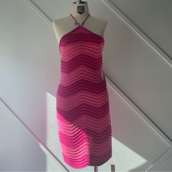 Reformation Genni Novelty Open Crochet Knit Dress  Fuschia/Flambé Stripe - S - Picture 3 of 13